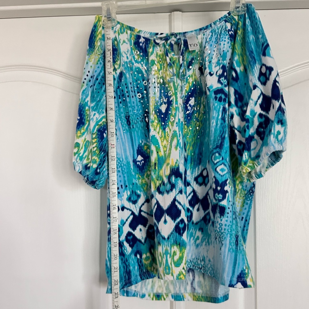 T/O Multi colored pheasant top w/ silver bling. All items in my closet are BOGO.